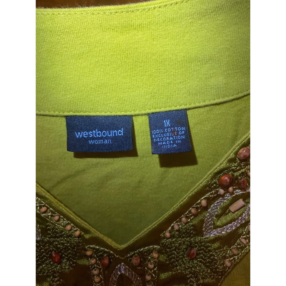 Westbound Woman 1X Lime Green Embroidered Beaded V-Neck Cotton Tunic Top Shirt - Picture 4 of 5